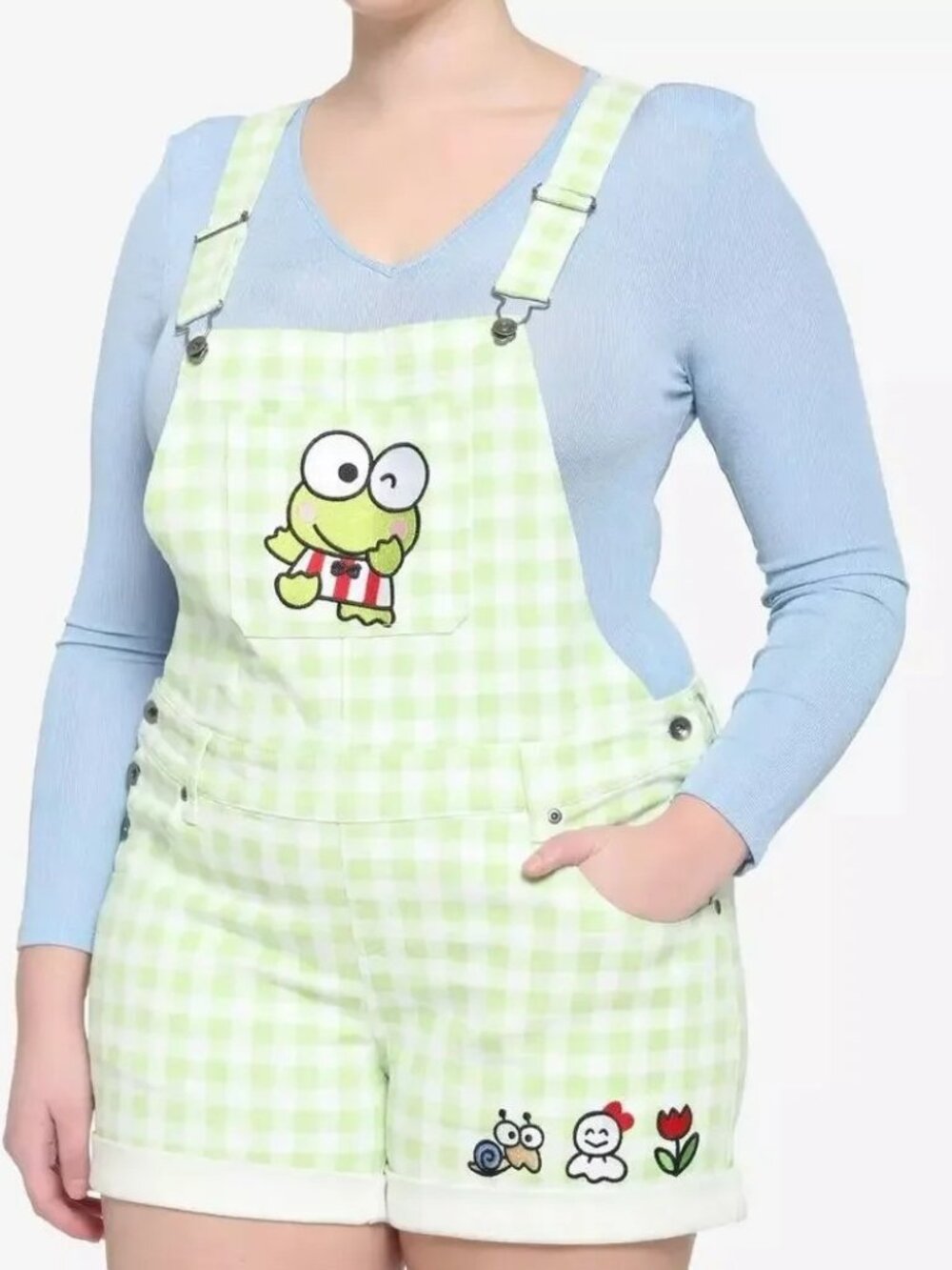 Hot Topic Keroppi by Sanrio Gingham Green Denim Overalls Summer Women's XL